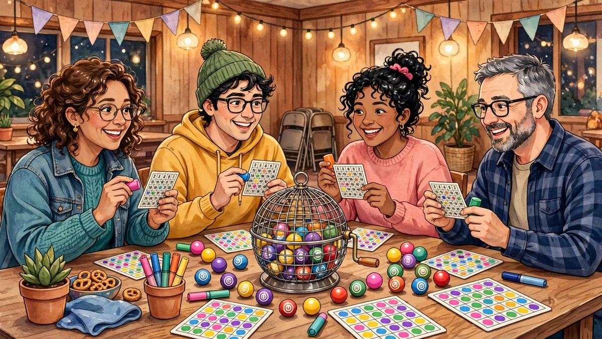 Colorful bingo balls and cards on a table for bingo night hosting ideas
