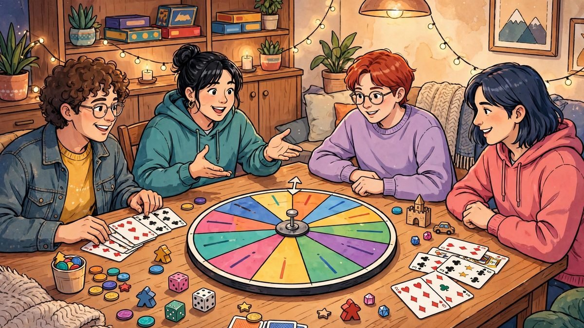 Board game night table with dice, cards and a colorful random wheel for tiebreakers