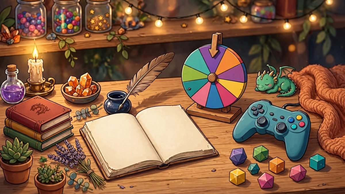 Fantasy writer's desk with notebook, quill, spinning wheel, game controller and dice for character name ideas