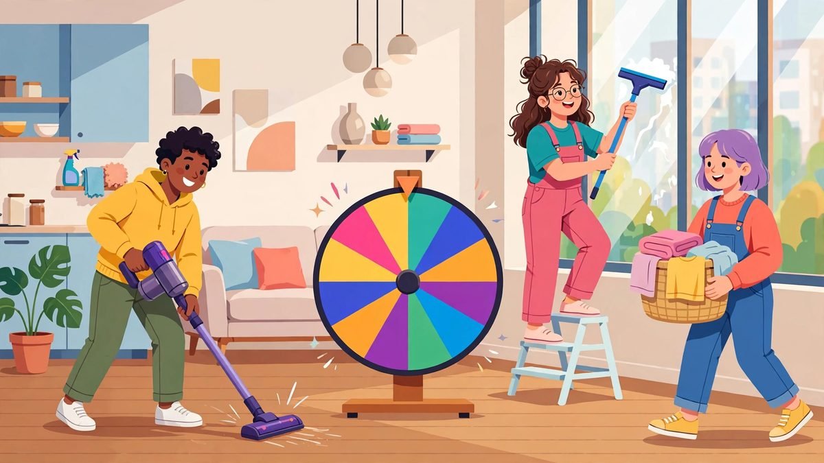 Three cheerful roommates cleaning a bright apartment together around a big colorful spinning chore wheel