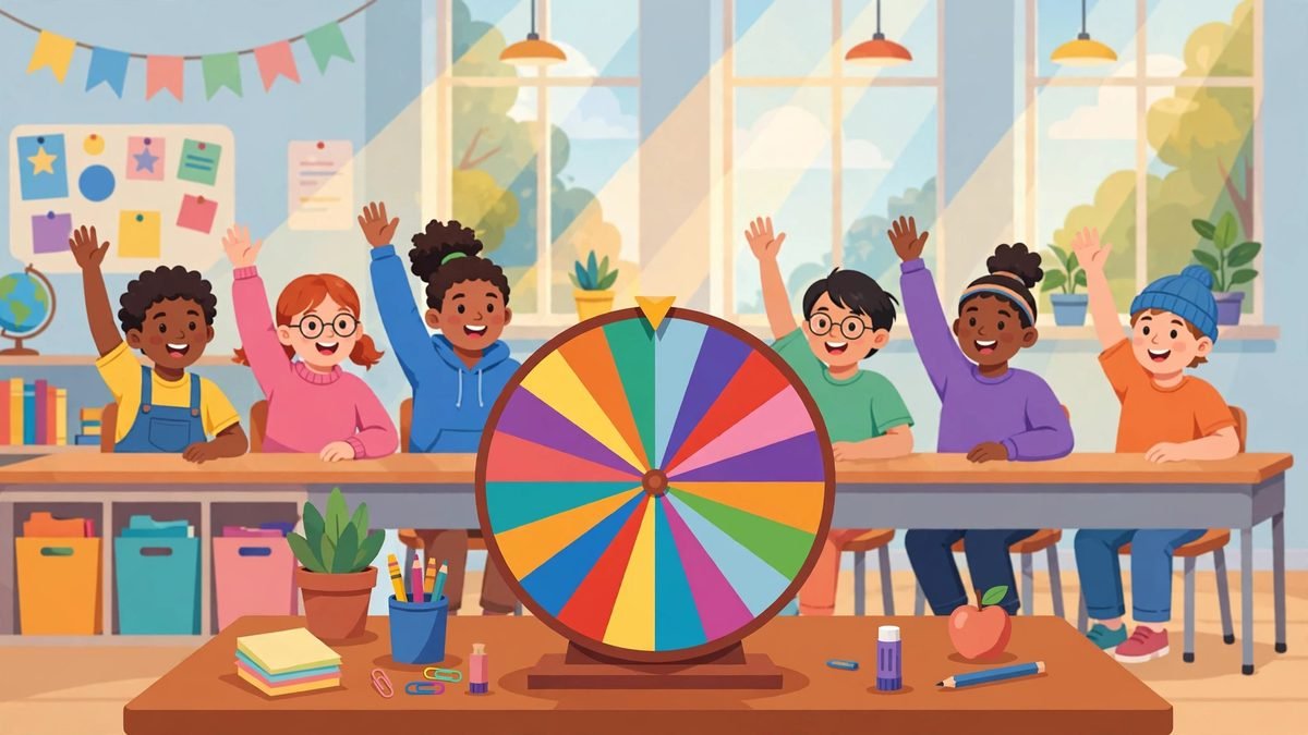 Colorful spinning name wheel on a teacher's desk in a cheerful classroom with students raising hands