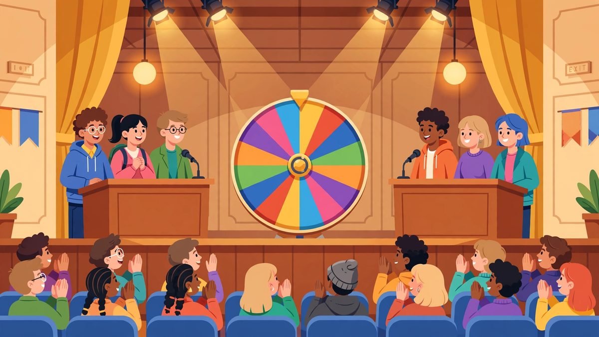 Two student debate teams at podiums with a large colorful spinning wheel between them in a school auditorium