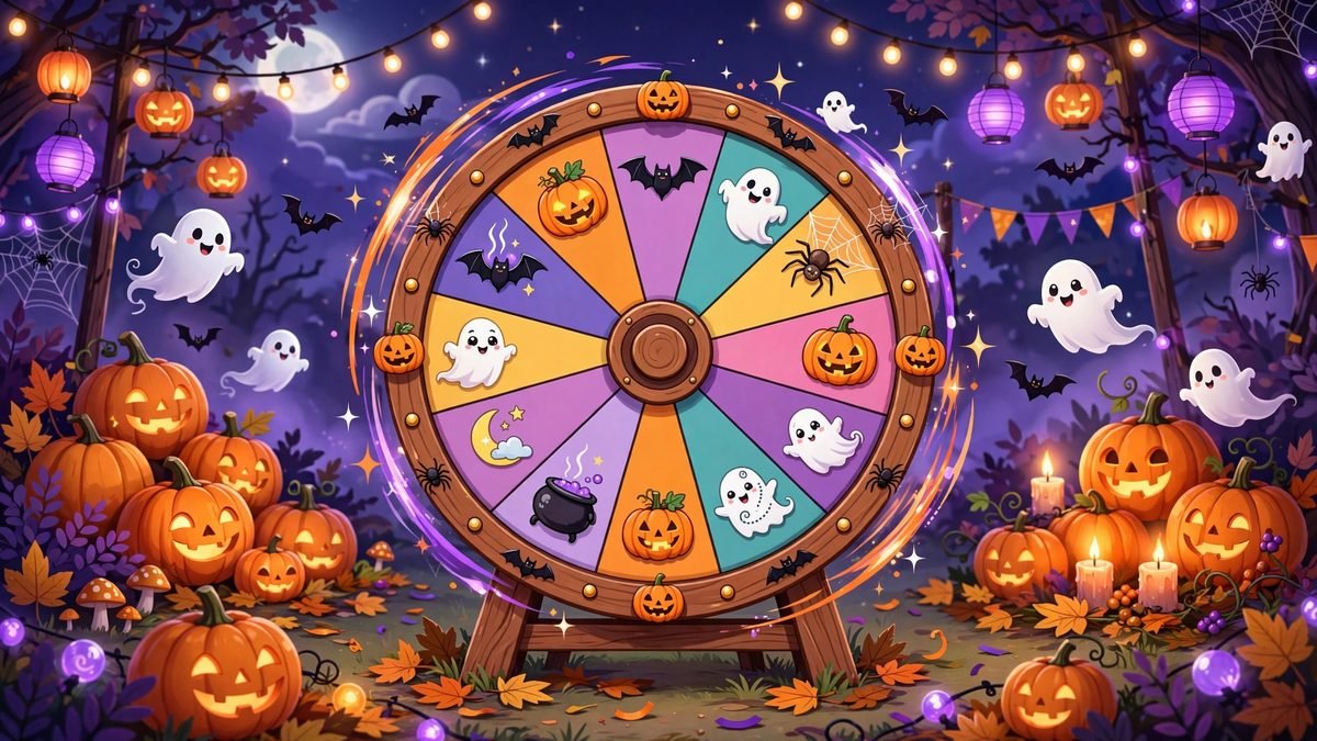 Colorful decision wheel with pumpkins, bats and ghosts for Halloween party games