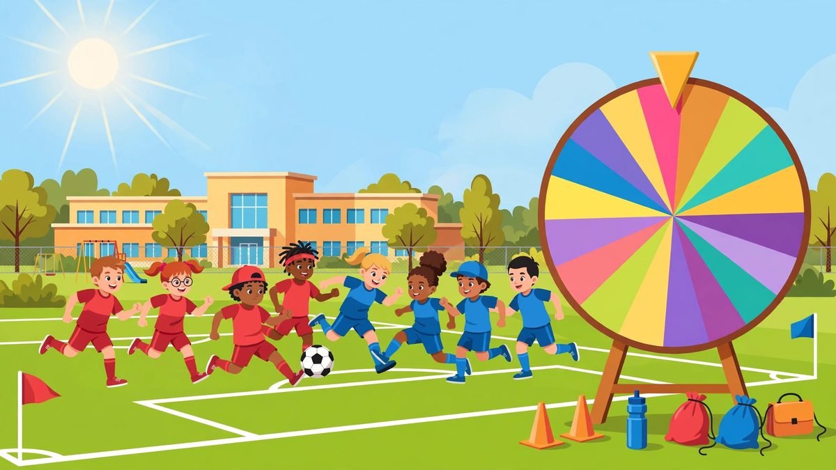 Kids in red and blue jerseys playing soccer on a sunny field with a giant colorful spinning wheel on the sidelines