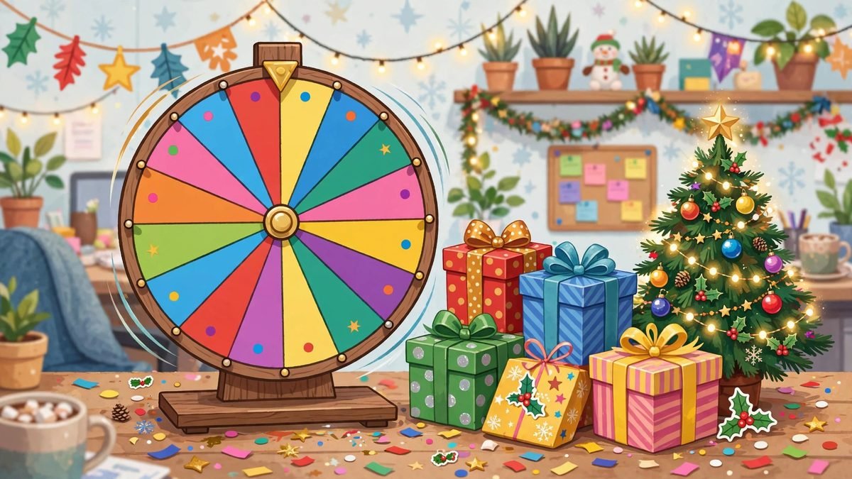 Prize wheel beside wrapped gifts and a Christmas tree for a secret santa generator guide