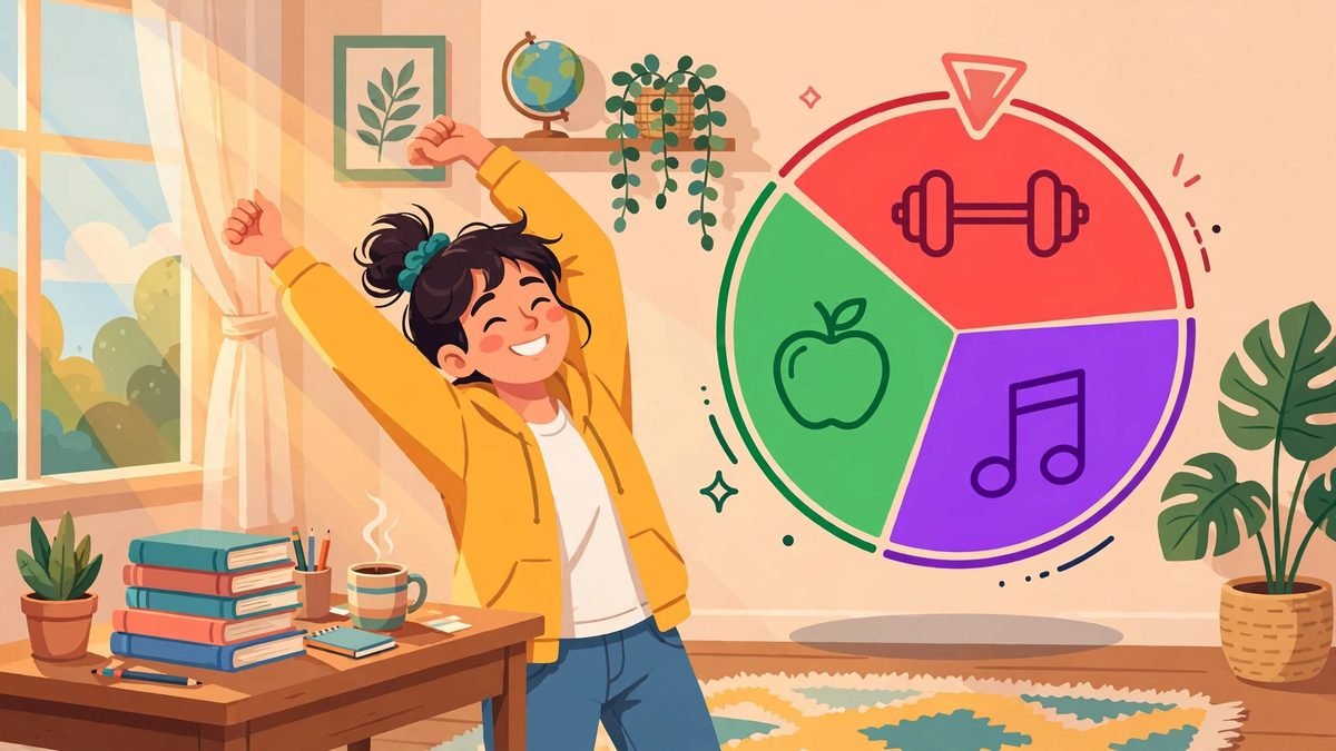 Happy student stretching on a study break beside a desk with books and a colorful spinning break-activity wheel