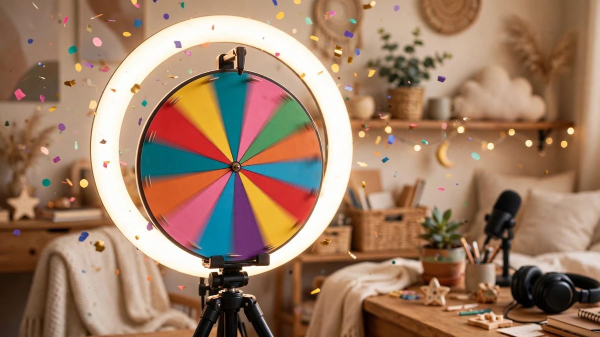 Colorful spinning prize wheel on a phone stand with ring light and confetti for TikTok wheel challenge videos
