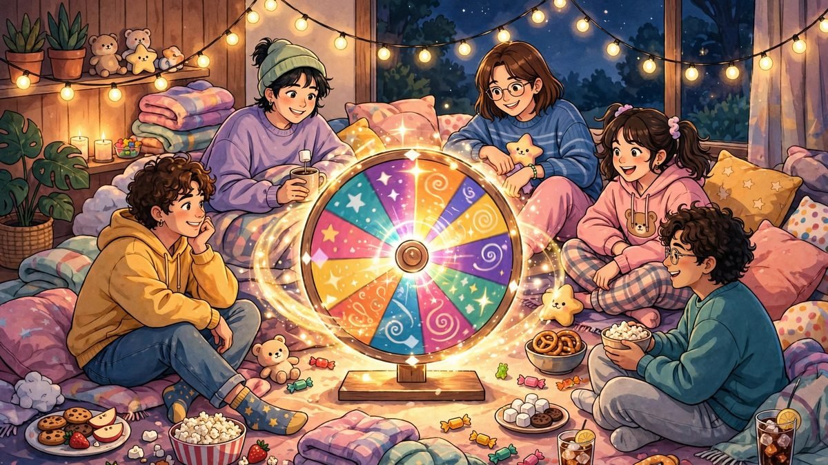 Friends in a circle around a glowing decision wheel for modern truth or dare ideas