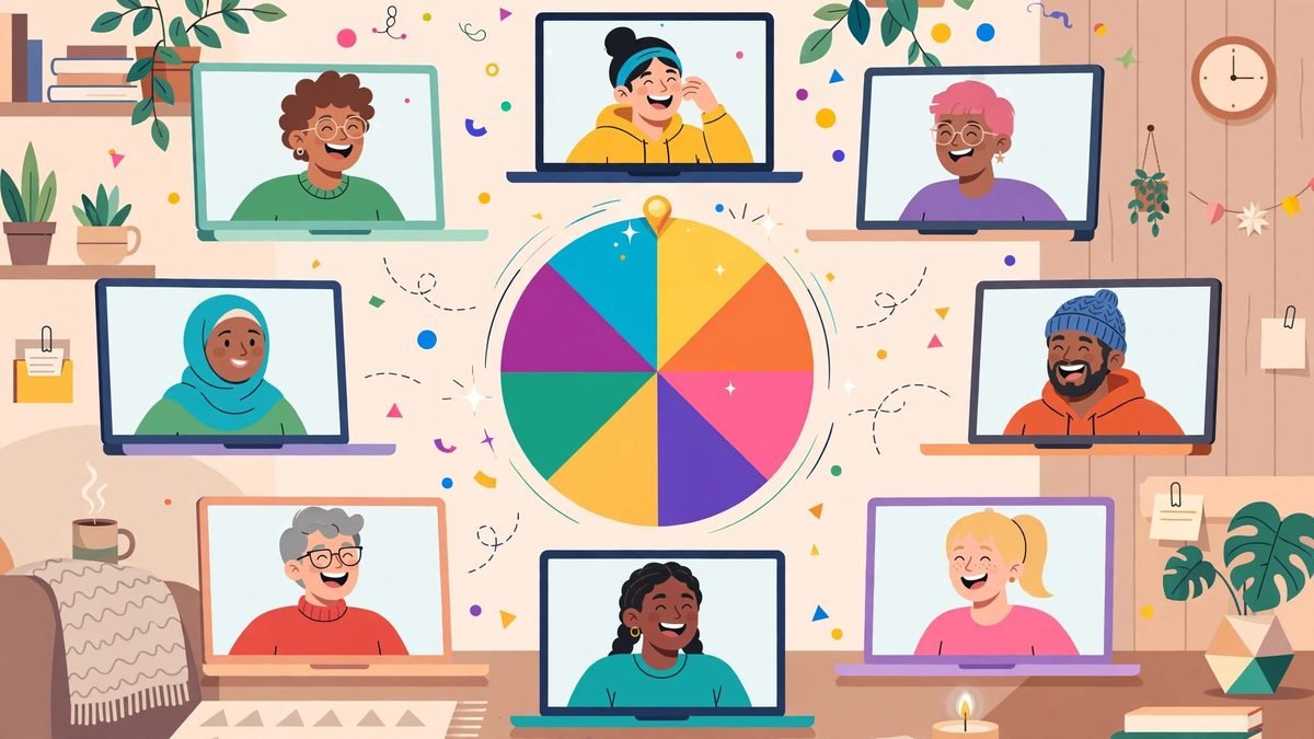 Diverse remote team laughing on video call screens around a colorful spinning decision wheel with confetti