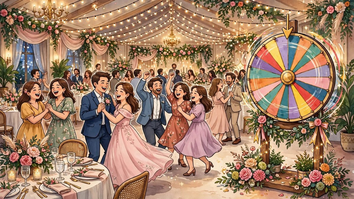 Elegant wedding reception with a colorful prize wheel and dancing guests